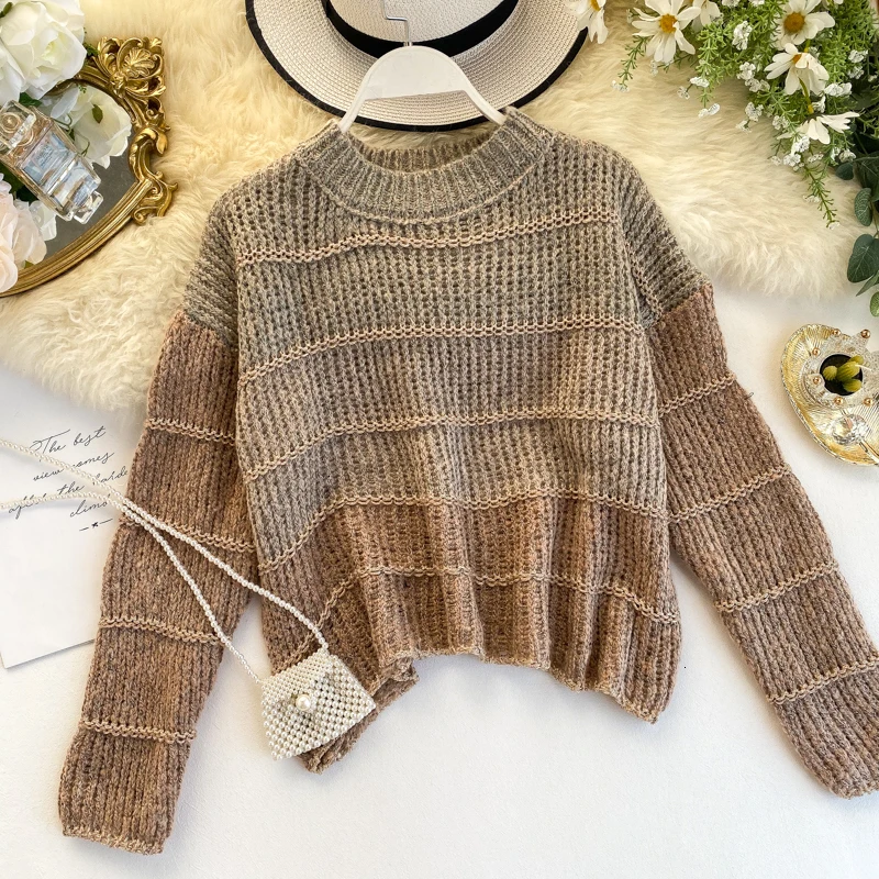 Foamlina шикарный свитер с серебряной нитью и блестками для женщин, осенний свитер с круглым вырезом и длинным рукавом, цветной блок, короткий пуловер, вязаный Топ