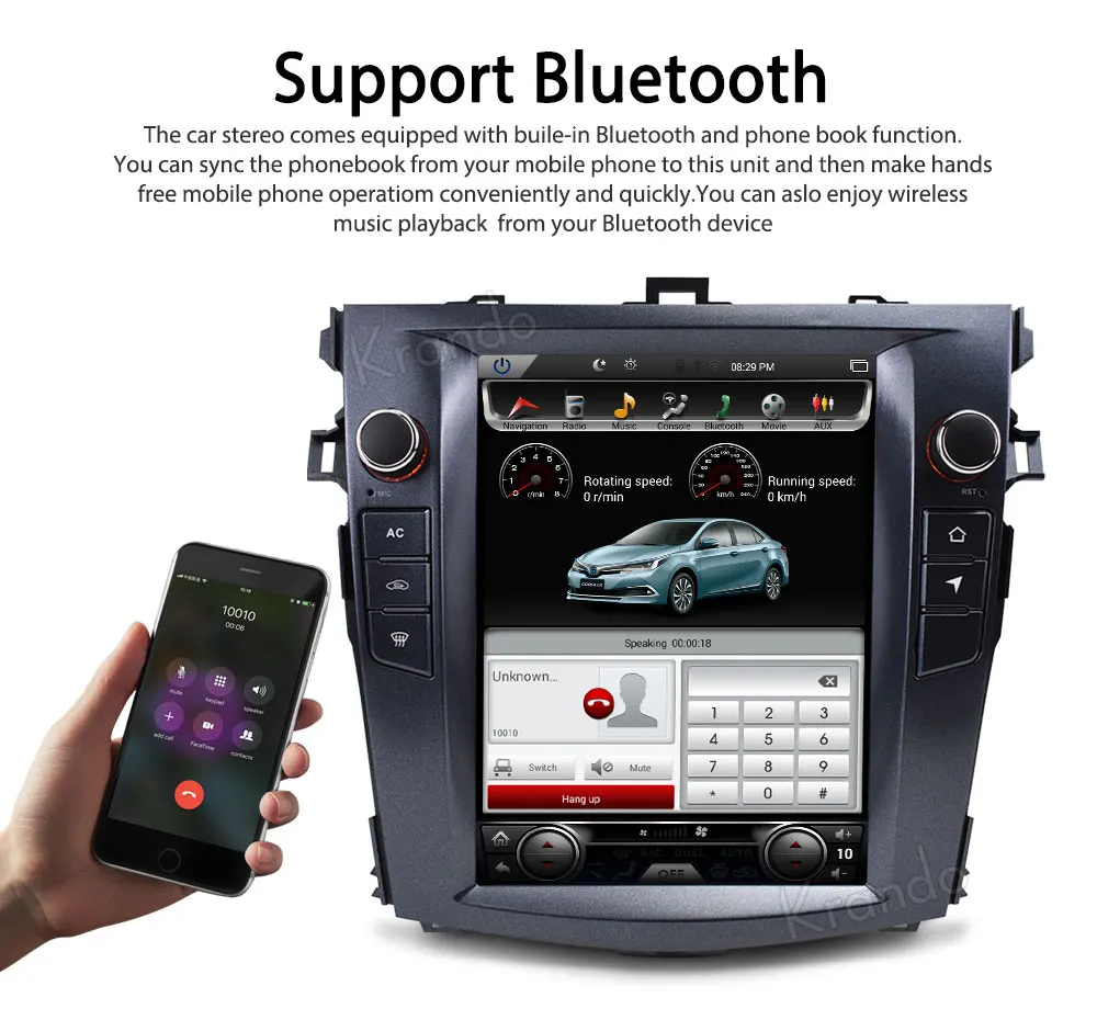Perfect Krando Android 7.1 10.4" Tesla Vertical screen car multimedia system for toyota Corolla 2008-2012 audio radio player KD-TV025 2