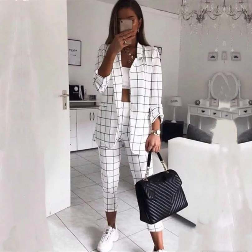 

Office Lady Plaid Work Pant Suits Formal Notched Collar Blazers And Pants Women Autumn Two Piece Suits