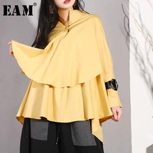 [EAM] Новинка, Осень-зима, черная двухслойная свободная хлопковая рубашка с отворотом и длинным рукавом, большой размер, женская блузка, модный тренд YC20