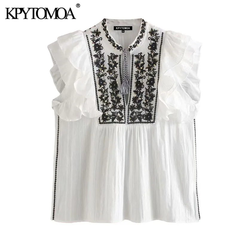 KPYTOMOA Women 2020 Fashion Sequin Embroidery Ruffled Blouses Vintage Sleeveless Tied O Neck Female Shirts Blusas Chic Tops KPYTOMOA Women 2020 Fashion Sequin Embroidery Ruffled Blouses Vintage Sleeveless Tied O Neck Female Shirts Blusas Chic Tops