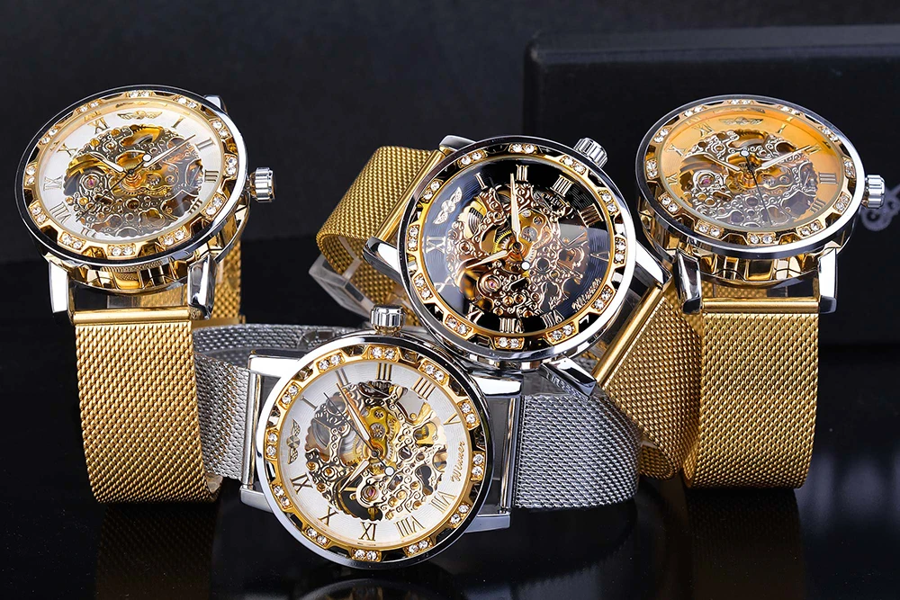 Winner повседневные механические часы для мужчин Золотой Римский модный ремень из нержавеющей стали сетчатый ремешок наручные часы Relogio Masculino