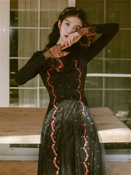 

2020 Spring Popular WOMEN'S Dress Scheming Black Dress Hepburn Long French Retro Gauze Knitted Embroided Dress