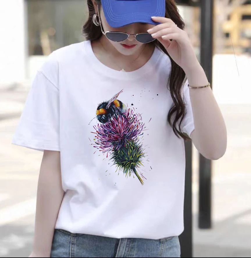 

Honeybee Funny T-shirt Women's Flower Pattern Retro 90s Fashion Harajuku T-shirt Cotton Casual T-shirt Dandelion