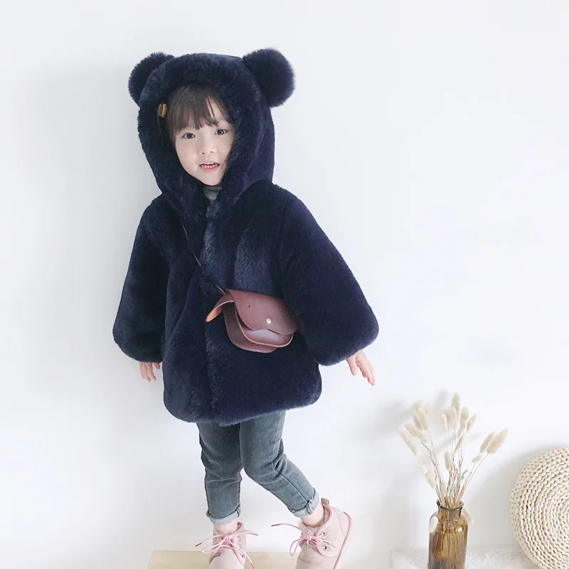 navy Dollplus/Детское пальто из искусственного меха с капюшоном хлопковые куртки для детей, милое однотонное теплое пальто для маленьких девочек, зимняя праздничная одежда - Цвет: navy
