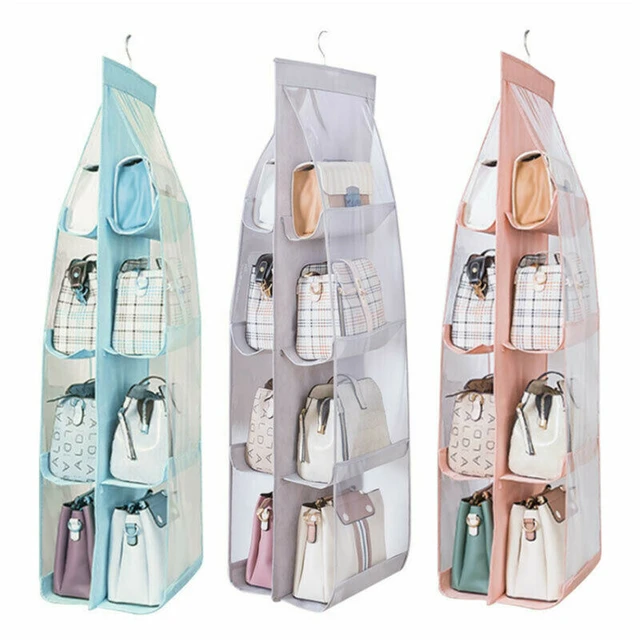 6 Pockets Hanging Closet Organizer Clear Foldable Handbag Purse Storage Bag