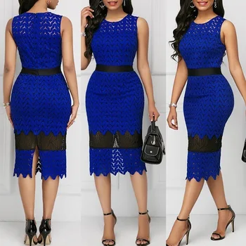 

BacklakeGirls Blue Lace Split Joint Hollow Out Cocktail Dress Sleeveless Tea Length Woman Dress Robes De Cocktail Élégantes