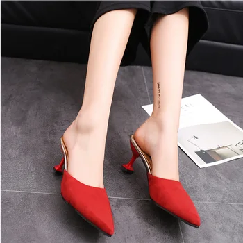

Female Shoes Pointed Toe Slippers Casual Women Heels Shallow Med Slides 2020 Luxury High Thin Rubber PU Scandals Basic Pumps