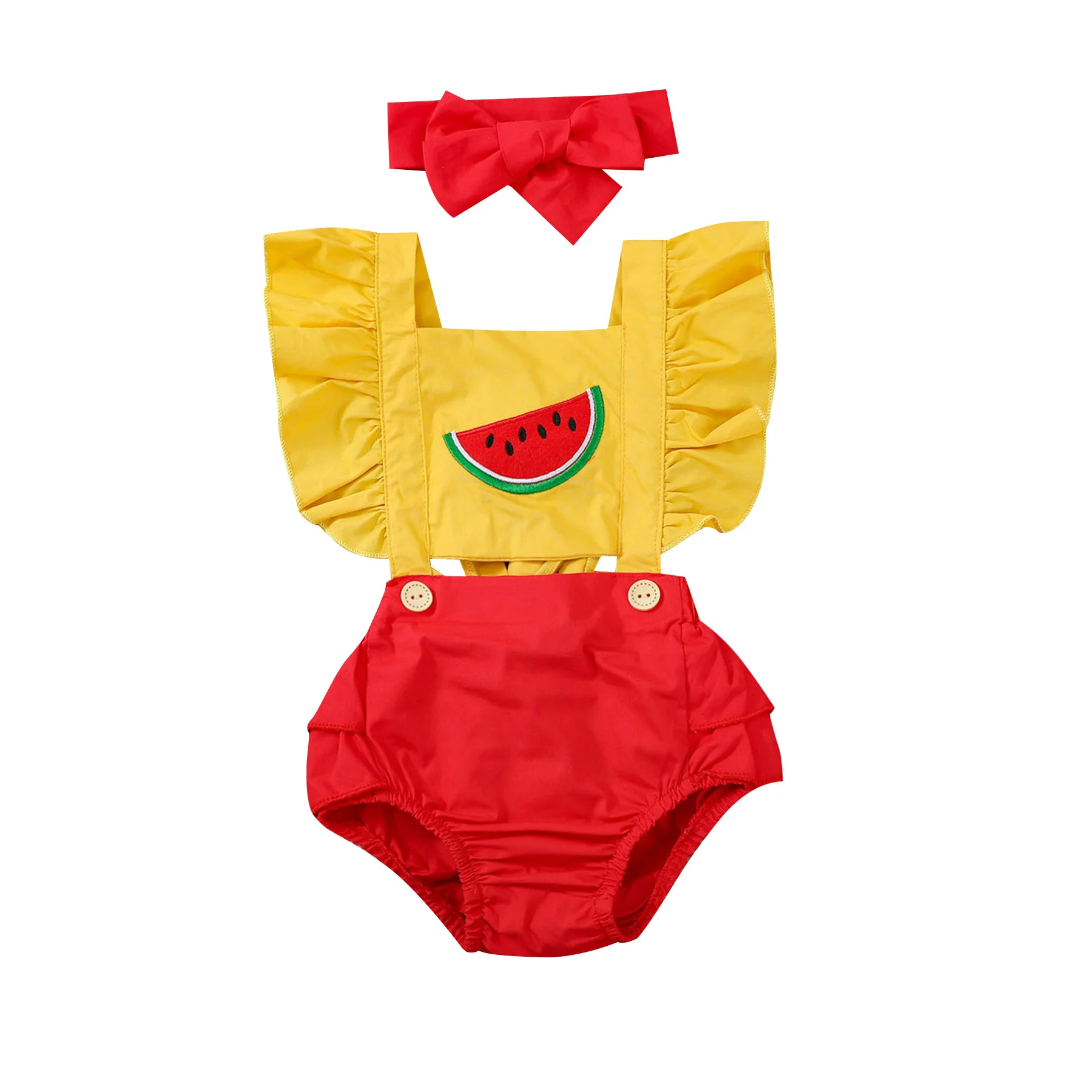 Emmababy 2021 Summer 0-24M Baby Girl 2Pcs Set Watermelon Embroidery Flared Short Sleeve Yellow Red Bodysuit+Headband Clothes | Детская