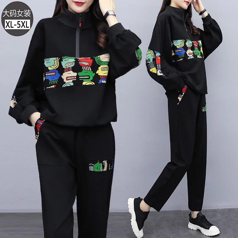 

2019 Autumn And Winter Large Size Dress Fat Mm Cartoon Pattern Western Style Loose-Fit Extra-large Half-Turtle-Neck WOMEN'S Suit