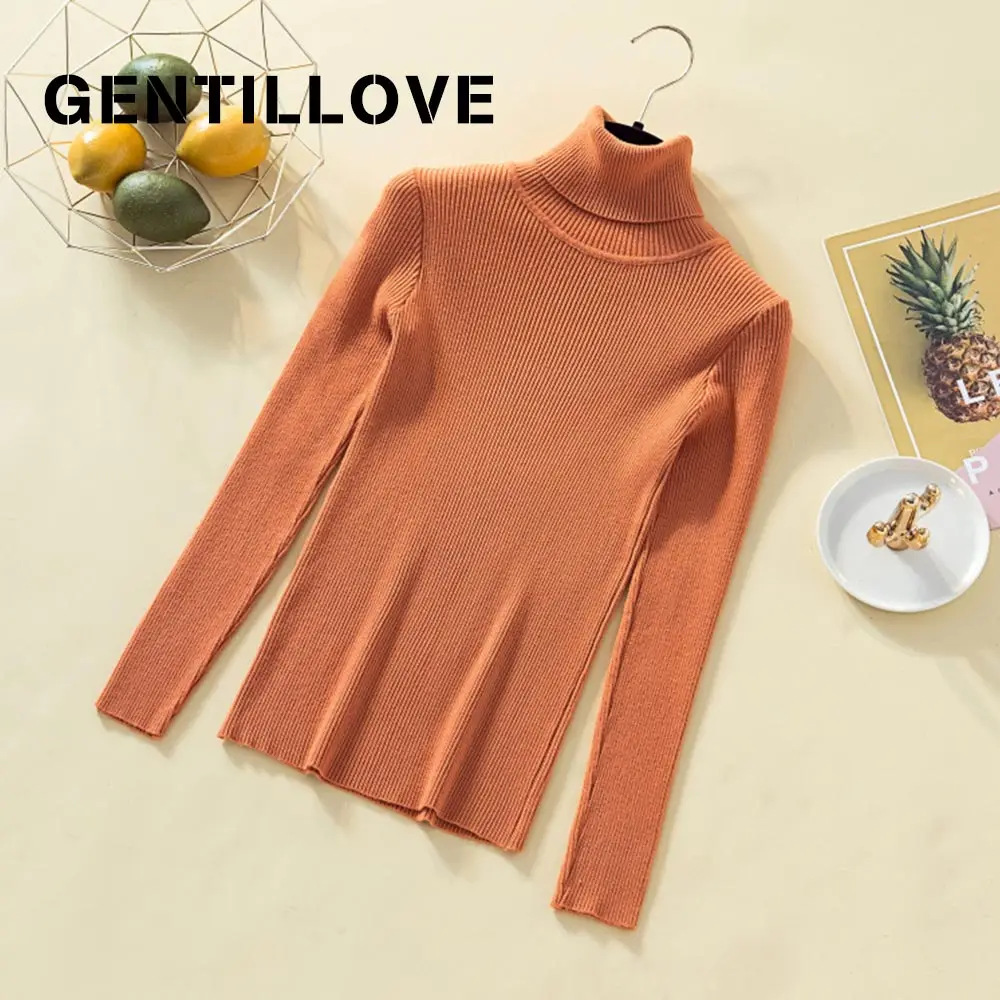 

Gentillove Women Autumn Chic Solid Candy Color Basic Sweater Casual Long Sleeve Turtleneck Slim Knitted Korean Harajuku Pullover