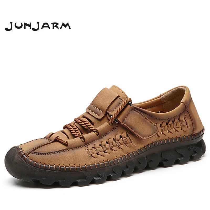 

JUNJARM Handmade Men Casual Shoes Fashion Sneakers Split Leather Mens Loafers Moccasins Breathable Slip On Boat Shoes Size 38-48