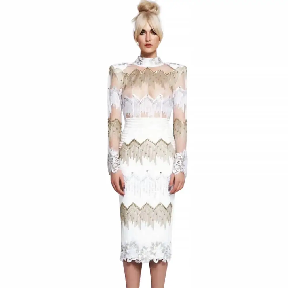 

2019 Summer New Luxury Women long sleeve beading mesh Sexy Evening Party Bodycon bandage Dress Ladies Modish Clothing