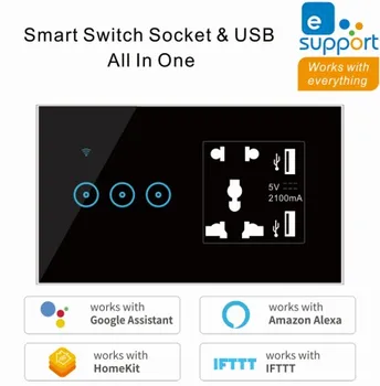 

2 In 1 Wall Smart Switch Socket Tempered Glass Touching Button Wall Smart Light Controlling Panel Ewelink APP Remote Controlling