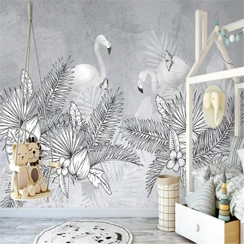 

Milofi3D decorative wallpaper mural hand-painted Nordic plants flamingo retro flowers and birds palm tree background wall