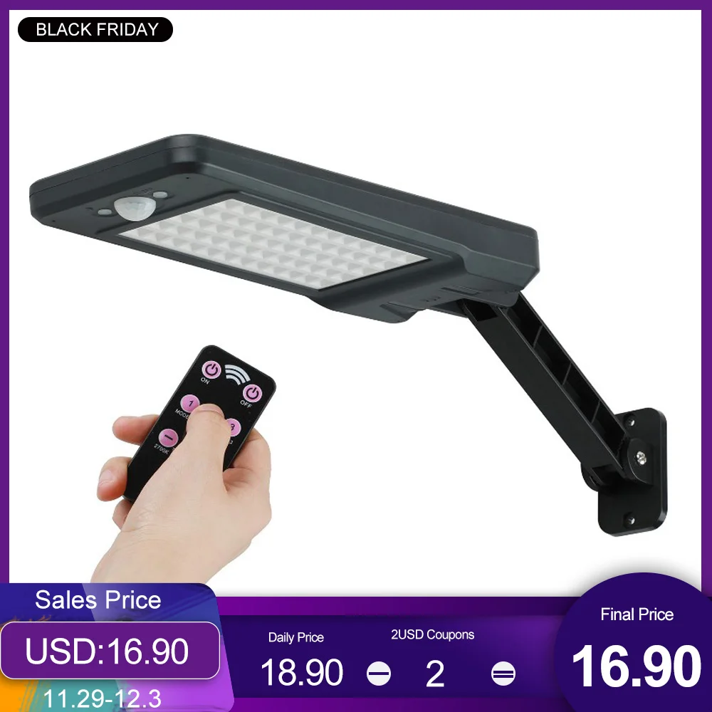 

60 LED Remote Control Solar Lights Motion Sensor Night Security Waterproof Garden Hallway Wall Lamp LED Solar Street Light