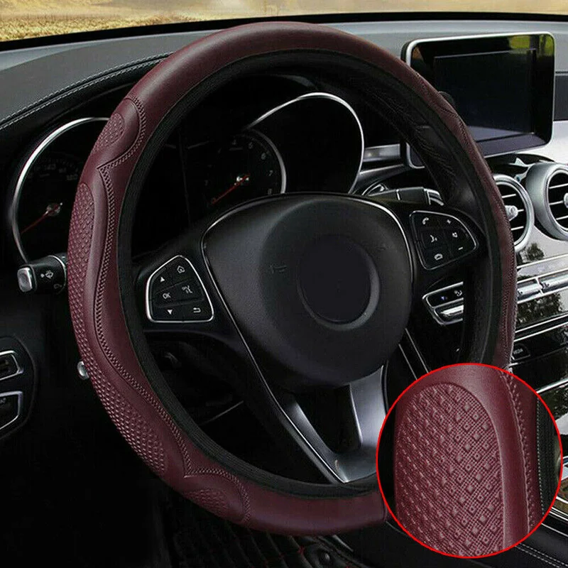 

1PC Universal Car Steering Wheel Cover Wine Red Soft Leather Breathable Anti-slip for 15''/38cm Auto Car Interior Accessories