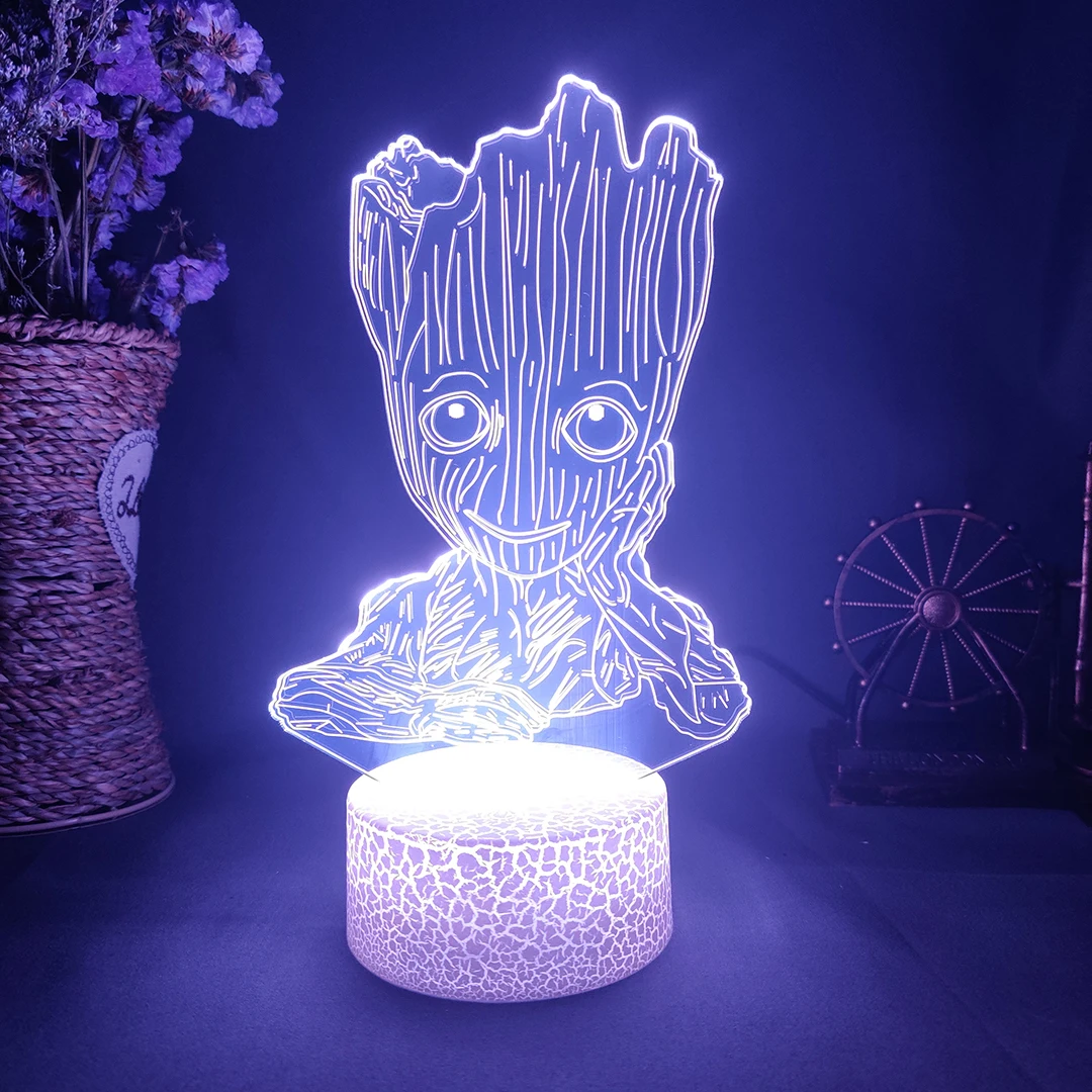 그루트 3D 비주얼 나이트 라이트 크리에이티브 LED 데스크탑 일루전 램프 7/16 색상 변경 가능 어린이 생일 선물 사랑스러운 장치