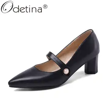 

Odetina Women Fashion Block Thick Mid Heel New Mary Janes Pumps Concise Office Lady Sewing Pointed Toe Buckle Strap Dress Pumps