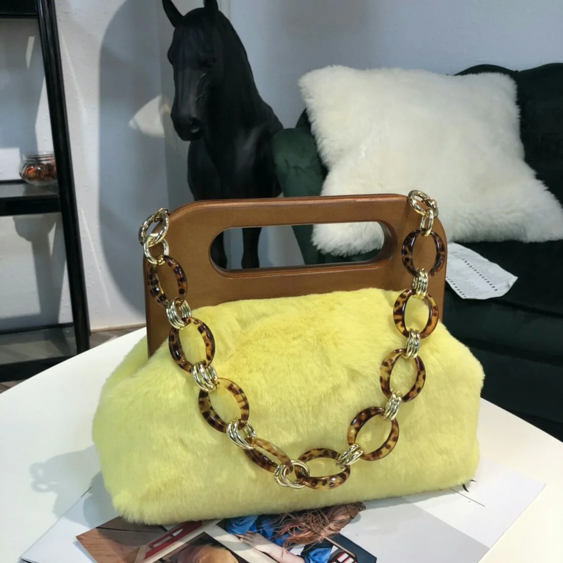 yellow Женская сумка из кроличьего меха, Сумка с деревянной ручкой, ежедневные клатчи, Женская винтажная сумка-мешок через плечо, сумки через плечо, кожаный кошелек - Цвет: yellow