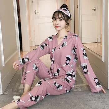 

Women Sleepwear suit Kimono Bathroom 2018 Autumn Pijamas Set Ladies Pajama Sets Long Pant Set cartoon print Comfortable Pajamas