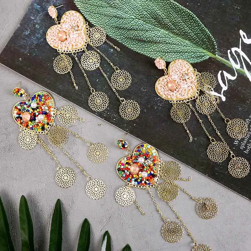Boho Длинные бусы с кисточкой жемчуг сердце цепь Висячие серьги для женщин винтажные геометрические акриловые большие серьги богемные Ювелирные изделия Подарки