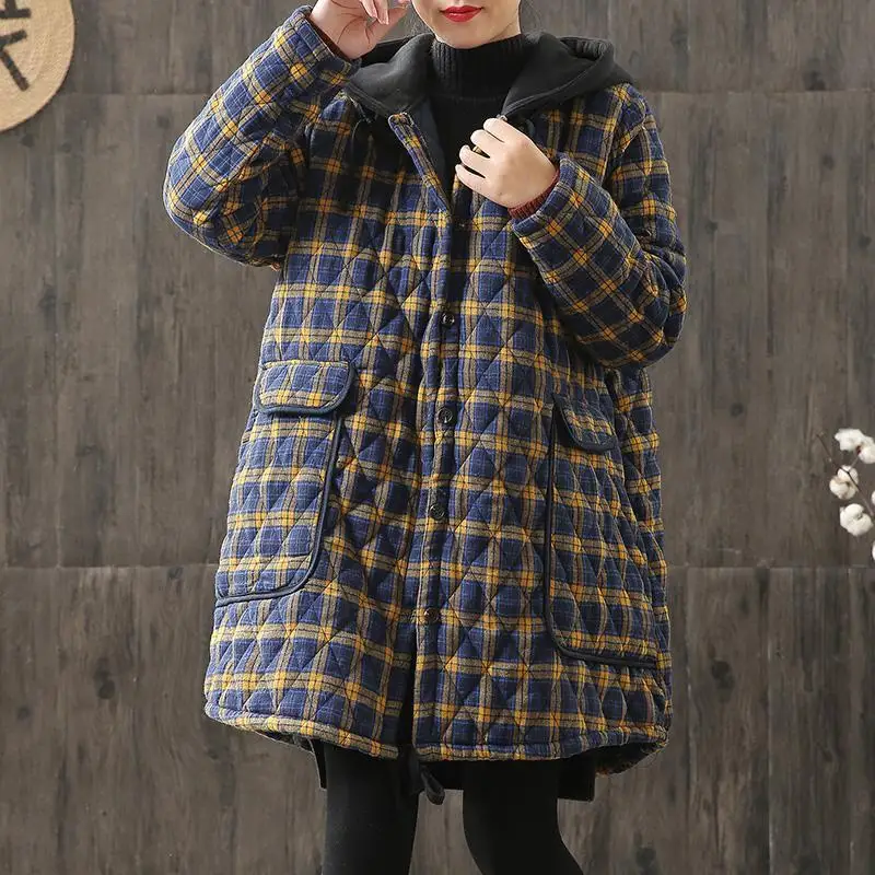 Button-Coats Parkas Female Winter Johnature Women Hooded Plaid New-Pockets Vintage Autumn