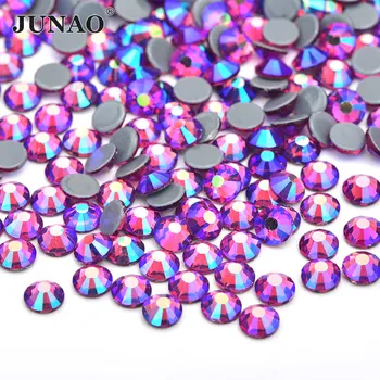 

JUNAO SS6 8 10 12 16 20 30 Siam AB Hotfix Glass Crystal Rhinestone Applique Iron On Round Strass Flatback Crystal Stones Crafts