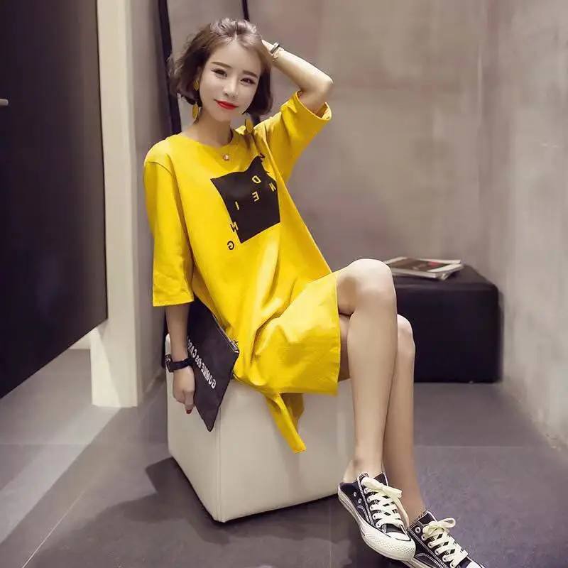 

QWEEK Summer Thin Short Sleeve Loose Long Home Dress Women Sweet Fashion Print Cute Sleepwear Comfortable Lounge Nightwear Women