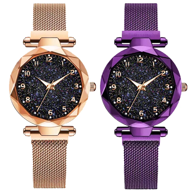 Прямая поставка роскошные женские часы магнитные звездное небо женские часы кварцевые наручные часы Модные женские наручные часы reloj mujer - Цвет: 2PCS Rose Add Purple