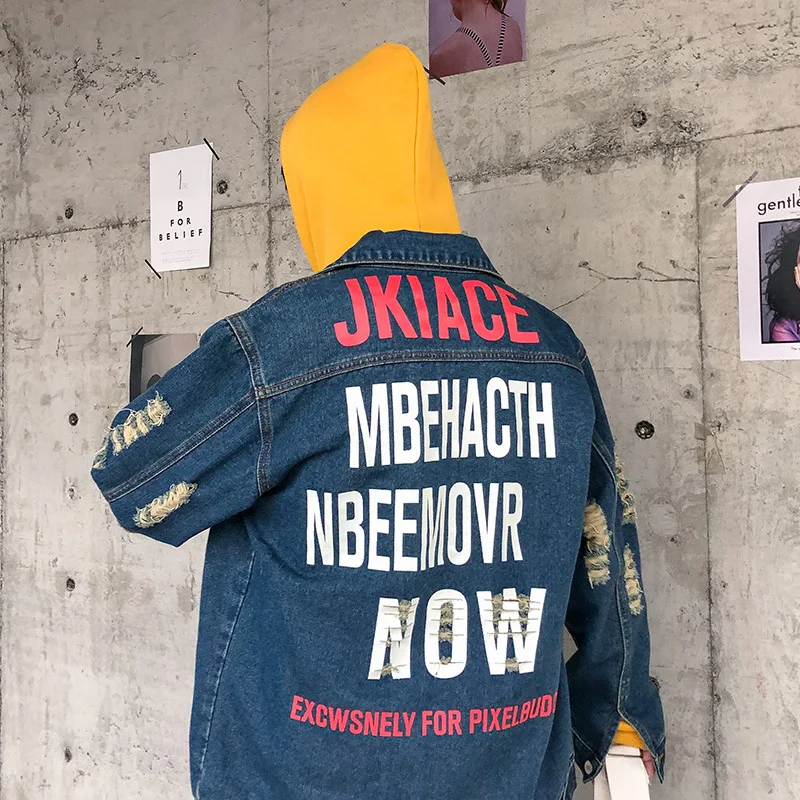 

2019 Trend Cool Handsome MEN'S Denim Jacket Korean-style Fit Slim Fit Printed with Holes Nostalgic Jeans Coat