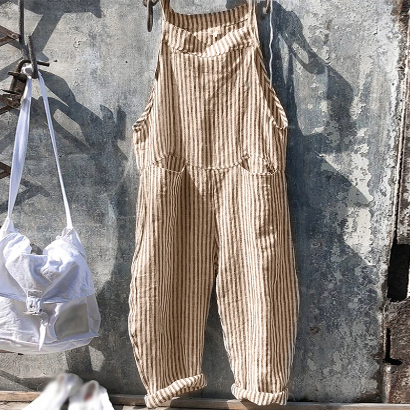 

Women Pocket Bandage Sleeveless Jumpsuit Stripe Linen Pockets Solid Color Loose Bodysuit Casual Playsuit Romper Mono Mujer