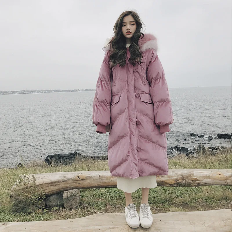 

2018 Winter New Style Mid-length Hooded Velvet Coats Korean-style Solid Color Loose-Fit Large Fur Collar WOMEN'S Quilted Cotton