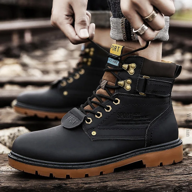 Winter Men Boots Pu Leather Ankle Boots Lace-up Men Sneakers Warm Waterproof Snow Motorcycle Plush Zapatos De Hombre