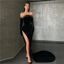 

Sister High Side Slit Modern Black Velour Mermaid Prom Dresses Sweep Train Evening Party Gowns Long Sleeves Off Shoulder Jewelry
