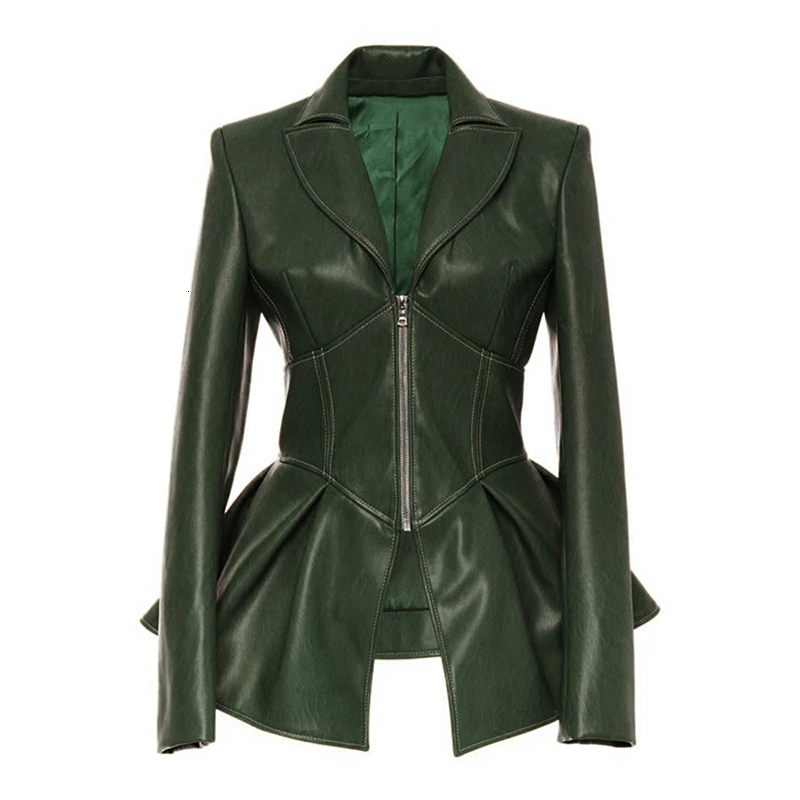 army green Мотоциклетная куртка из искусственной кожи, кожаное пальто для женщин, необычная куртка, туника с высоким подъемом, Женское пальто, мода - Цвет: army green