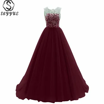 

Bridesmaid Dress Skyyue K367 Sleeveless Plus Size Lace Vestido Madrinha Floor-Length Burgundy O-Neck A-Line Bridesmaid Dresses