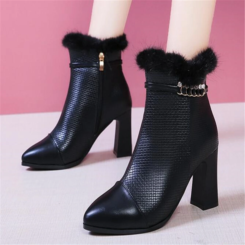 Ankle boots women Genuine Leather shoes solid square heels woman Zipper Fur snow lady Snow Boot Botas Mujer y504  | Женские полусапожки -4000606938606