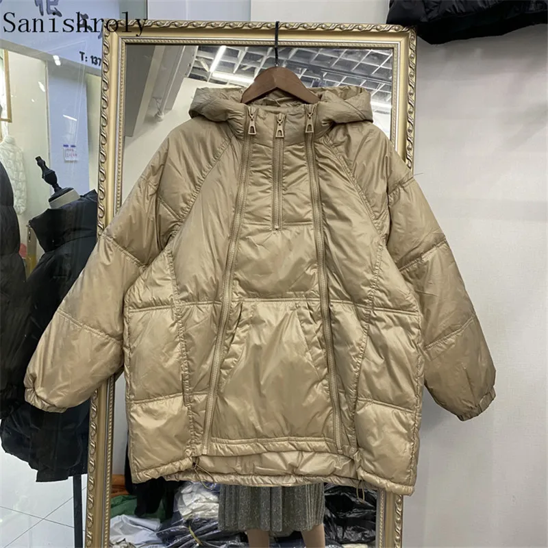 

Hooded Hoodies Down Jacket Female Double Zipper Warm White Duck Down Coat 2021 Winter Women Loose Korean Oversize Parkas Outwear