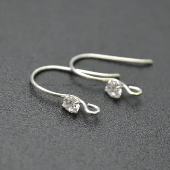 

925 Silver Fish Wire Earring Hooks with CZ Beads Paved Jewelry Findings 40pc per lot