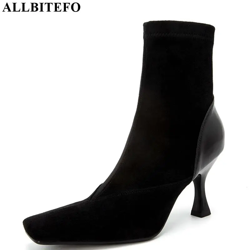 

ALLBITEFO thin heel full genuine leather women boots high heels mid-calf boots for ladies winter new girl shoes long boots