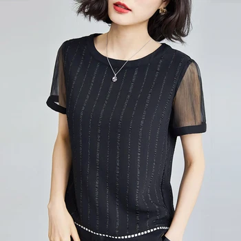 

Women Spring Summer Style Chiffon Mesh Patchwork Blouses Shirts lady Casual Short Sleeve Striped Printed Blusas Tops DD8150