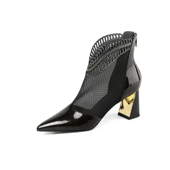 

Women Cow Leather Night Club Shose Spring Summer ankle boots crystal Pointed Toe High Heeled Fashion Shoes Woman