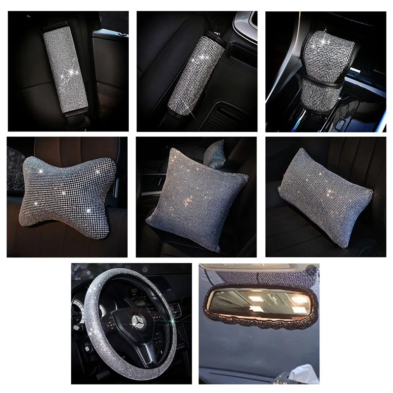 Bling Rhinestones Crystal Car Interior Accessories Diamond Steering Wheel Cover Neck pillows Waist Support Handbrake Shift Set