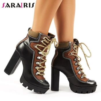 

SARAIRIS New INS Hot Cool Sewing Platform Booties Ladies lace-up Ankle Mortorcycle Boots Women 2020 High Heels Shoes Woman