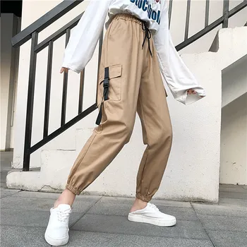 

Women Joggers Drawstring Overalls Female 2019 Autumn Korean Elastic Waist Cool Cargo Pants Streetwear High Waist Casual Trousers