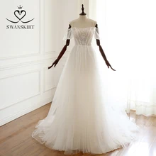 Элегантное свадебное платье с вырезом лодочкой, юбка-лебедка, A227, с открытыми плечами, с аппликацией, тюль, а-силуэт, Vestido De Noiva, свадебное платье со шлейфом