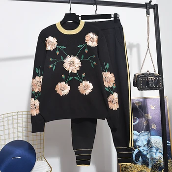 

Knitted Two Piece Sets Womens Outfits Embroidery Flowers Long sleeve Sweater Casual Pencil Pants Set Black Knit Tracksuit Female