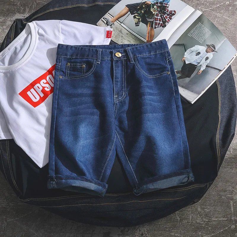 Летние Молодежные красивые джинсовые Стрейчевые шорты мужские трендовые Модные мужские повседневные брюки корейские свободные брюки с пятью точками тонкие
