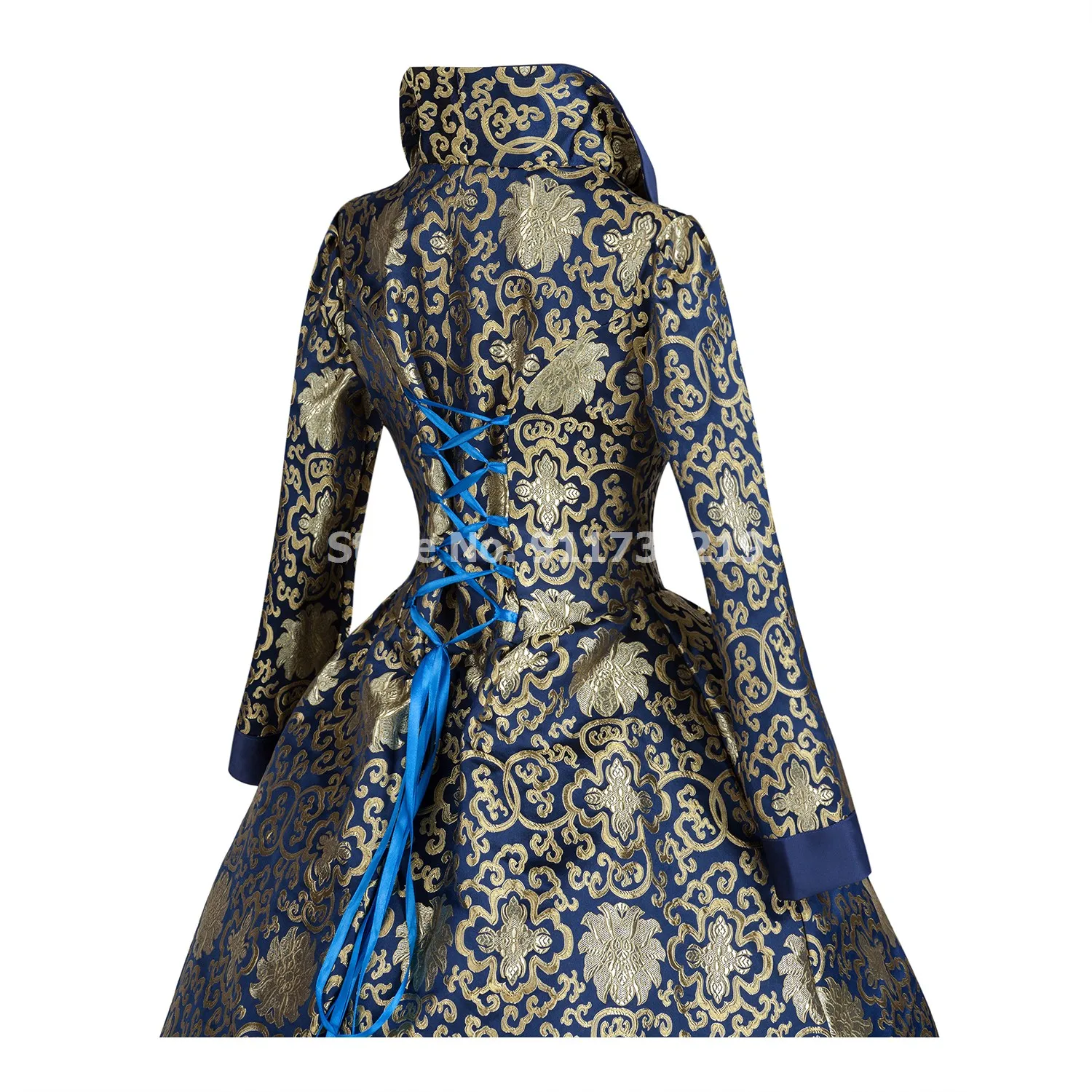 Blue with Gold Brocade Baroque Frock Coat with Gold Floral